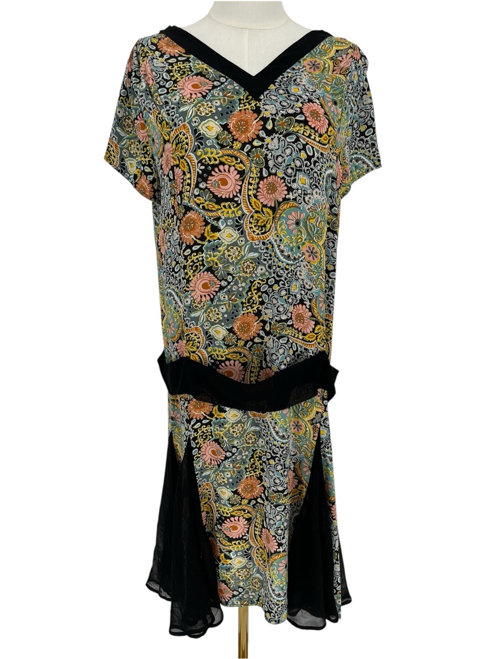 Marycrafts 1920s Drop Waist Flapper Dress Paisley Floral Boho Small